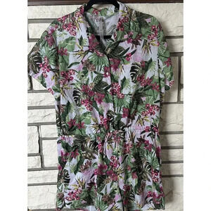 Victoria's Secret Romper Women L Red Green Floral Linen Blend Button Up Pockets